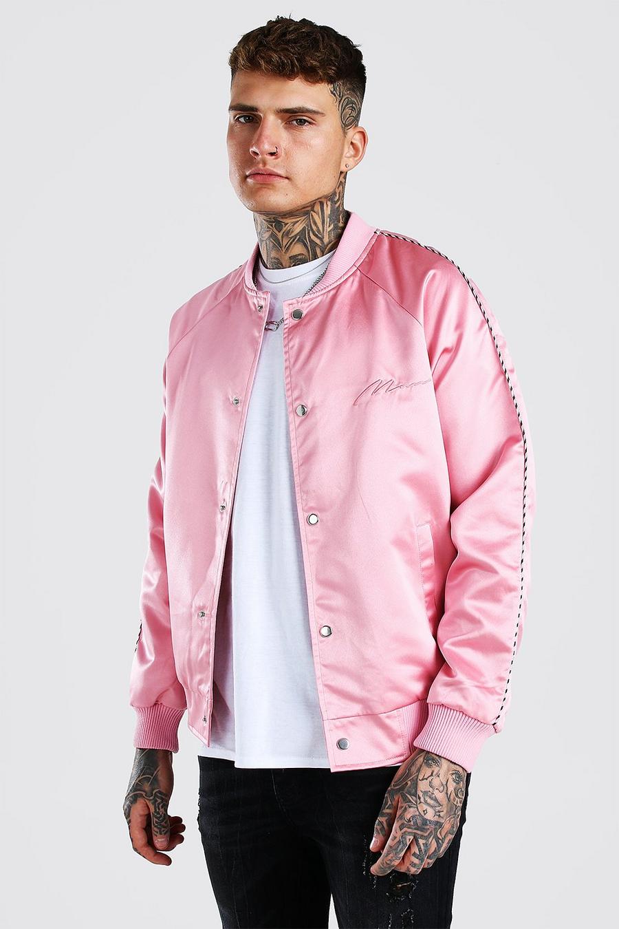 Pink Satin Bomber Jacket With Chest Man Embroidery image number 1