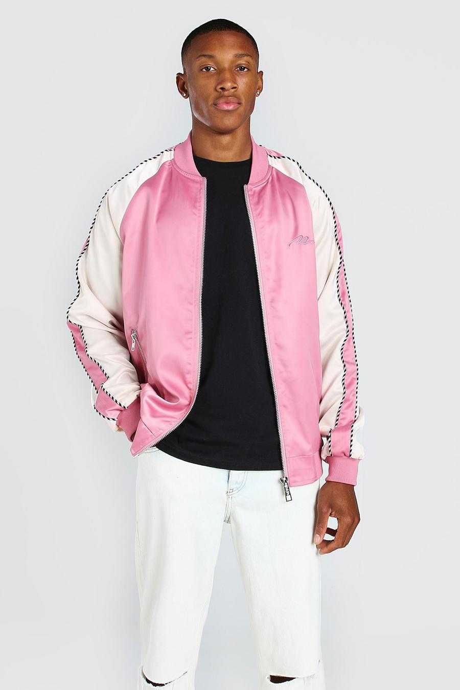 Pink Satin Raglan Bomber With Piping and Man Embroidery image number 1