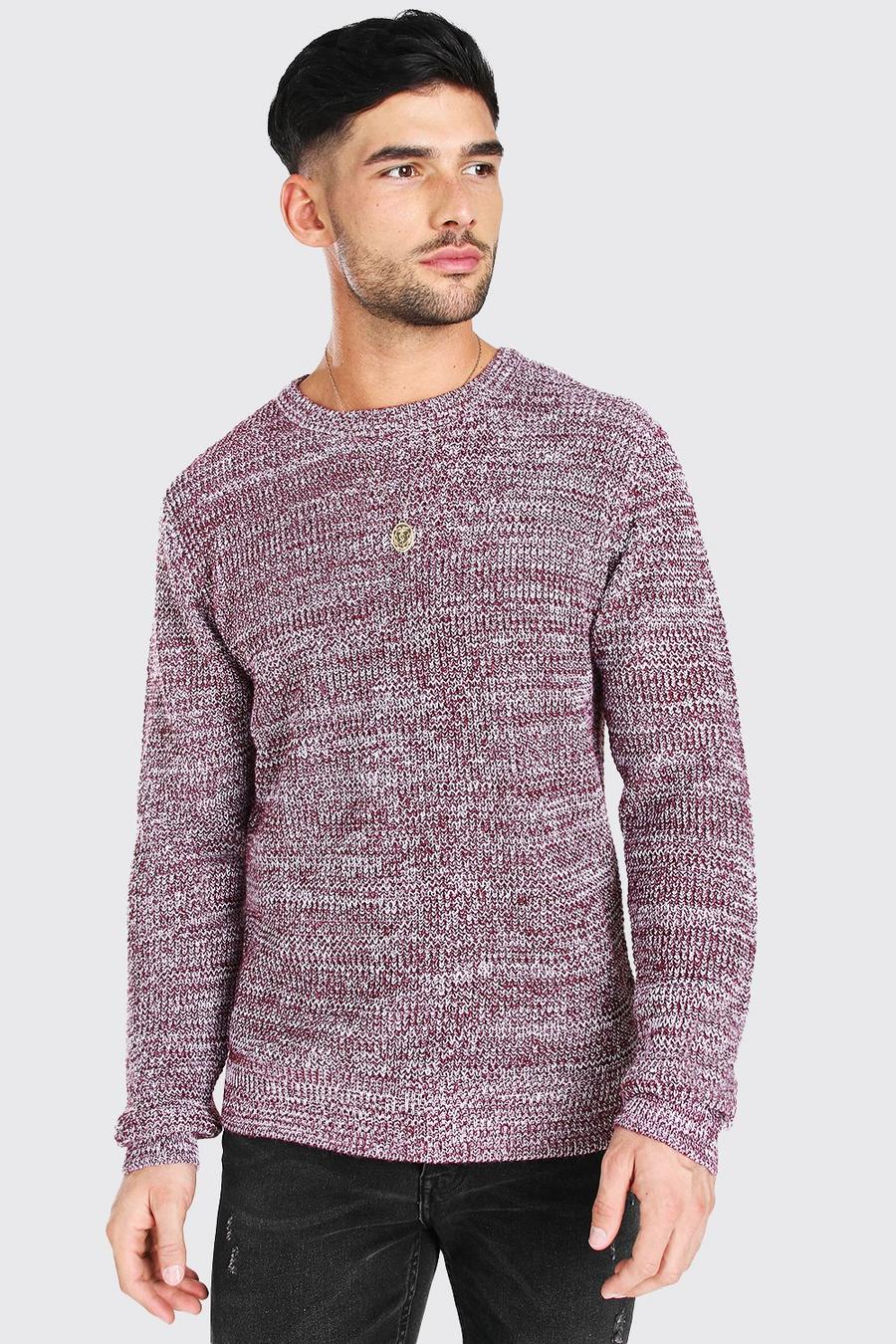 Burgundy Regular Fit Crew Neck Fisherman Knitted Sweater image number 1