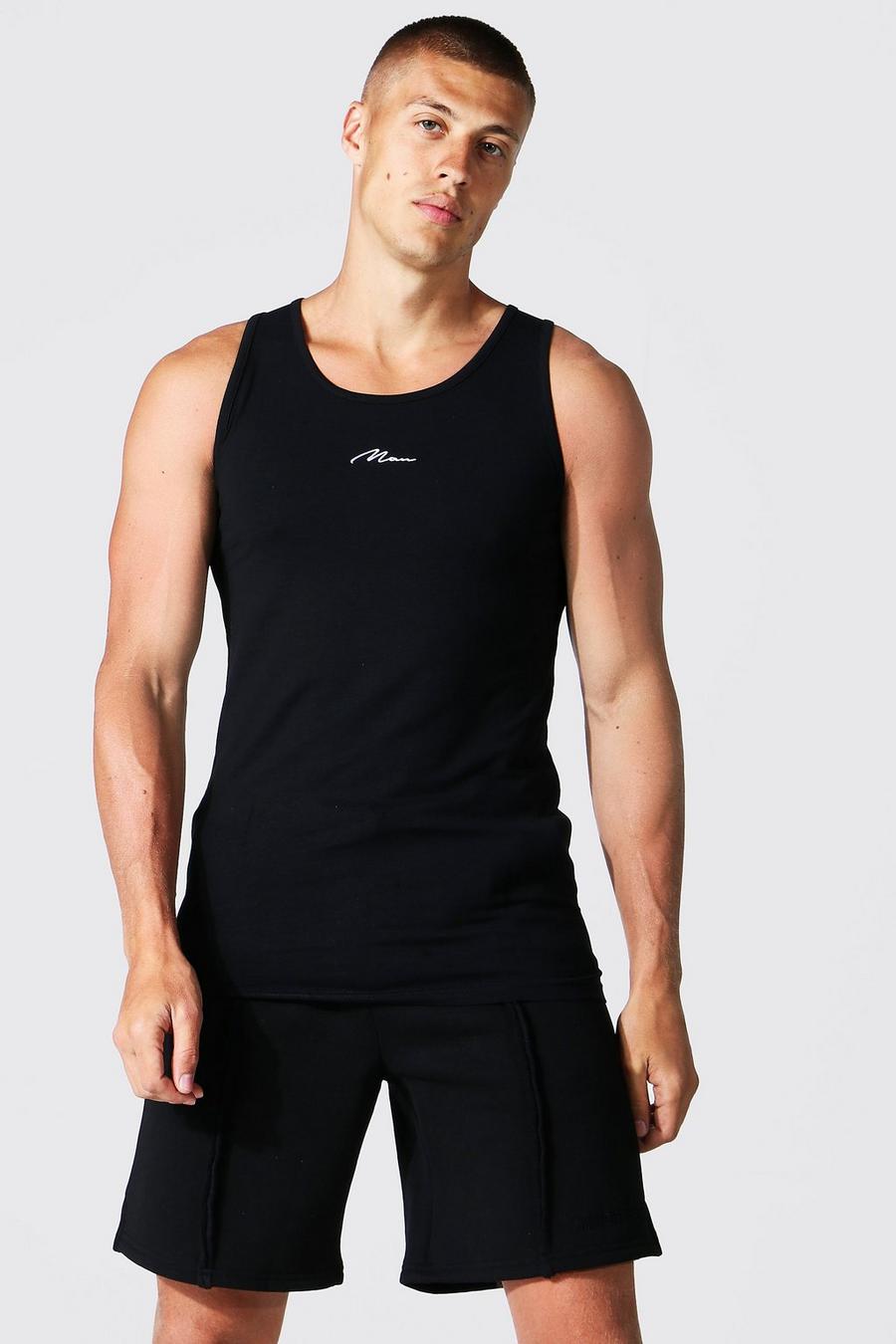 Black Muscle Fit Man Signature Embroidered Tank Top image number 1