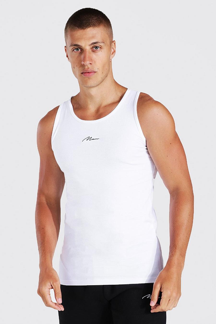 White Muscle Fit Man Signature Embroidered Tank Top image number 1
