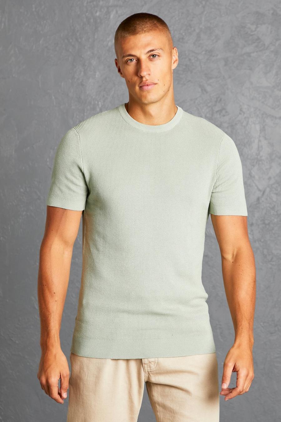 Sage Textured Crew Neck Knitted T-shirt image number 1