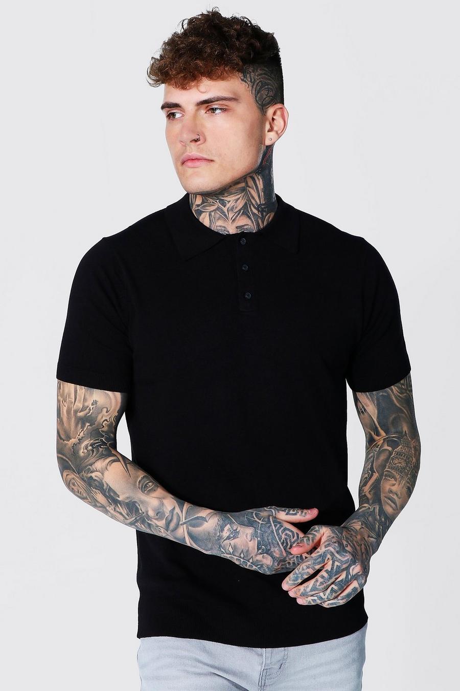 Black Short Sleeve Regular Fit Knitted Polo image number 1