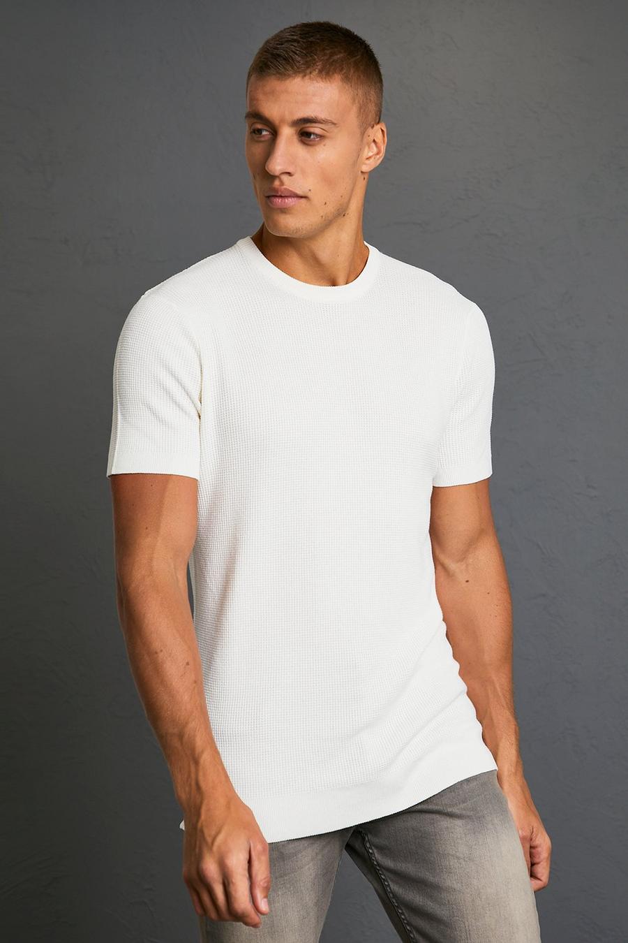 White Textured Crew Neck Knitted T-shirt image number 1