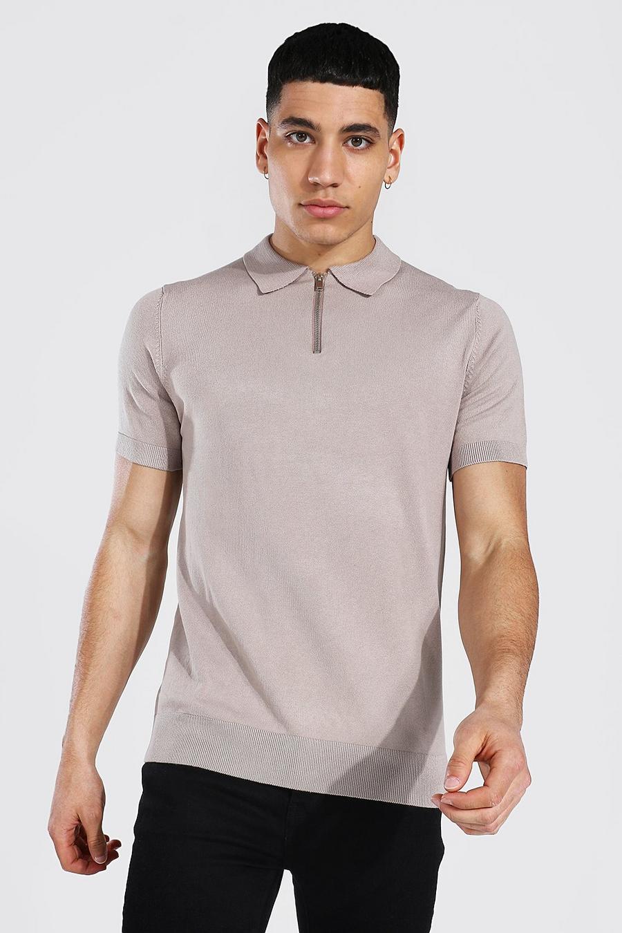 Taupe Short Sleeve Half Zip Knitted Polo image number 1