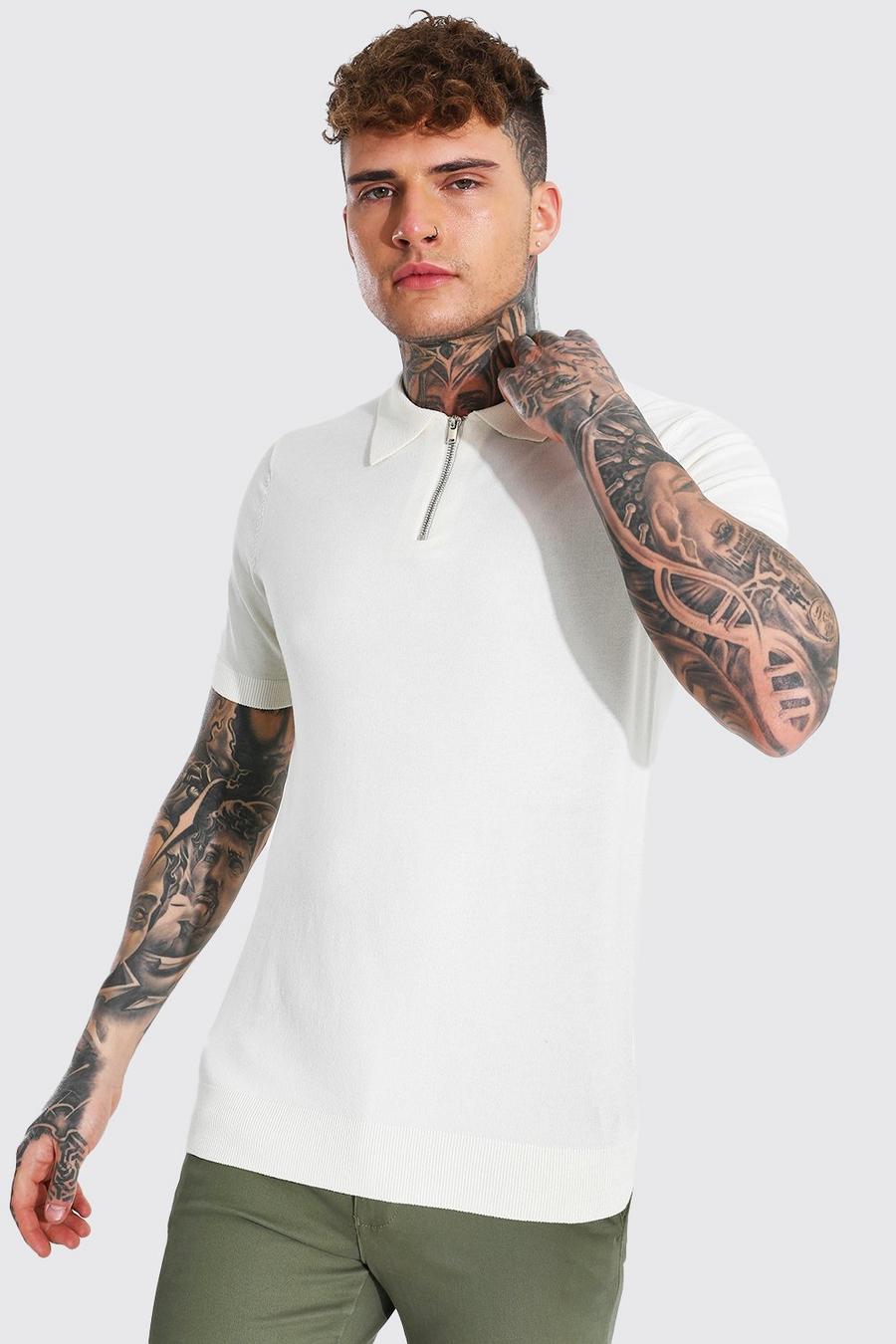 Cream white Short Sleeve Half Zip Knitted Polo image number 1