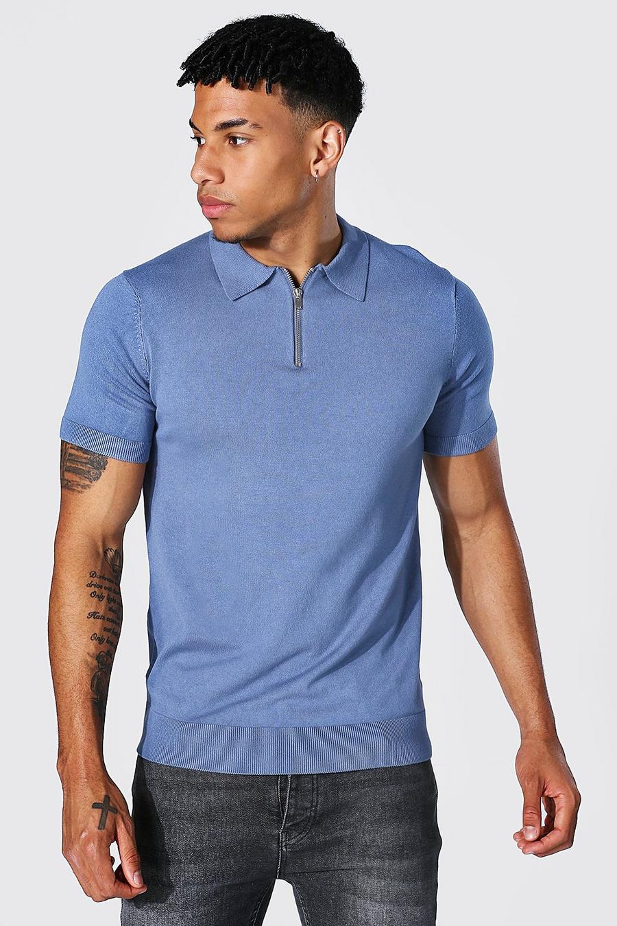Dusty blue Short Sleeve Half Zip Knitted Polo image number 1