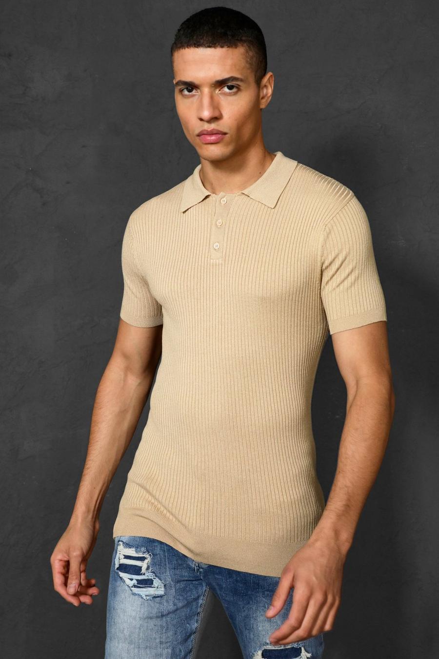 Camel Short Sleeve Muscle Fit Ribbed Knit Polo image number 1