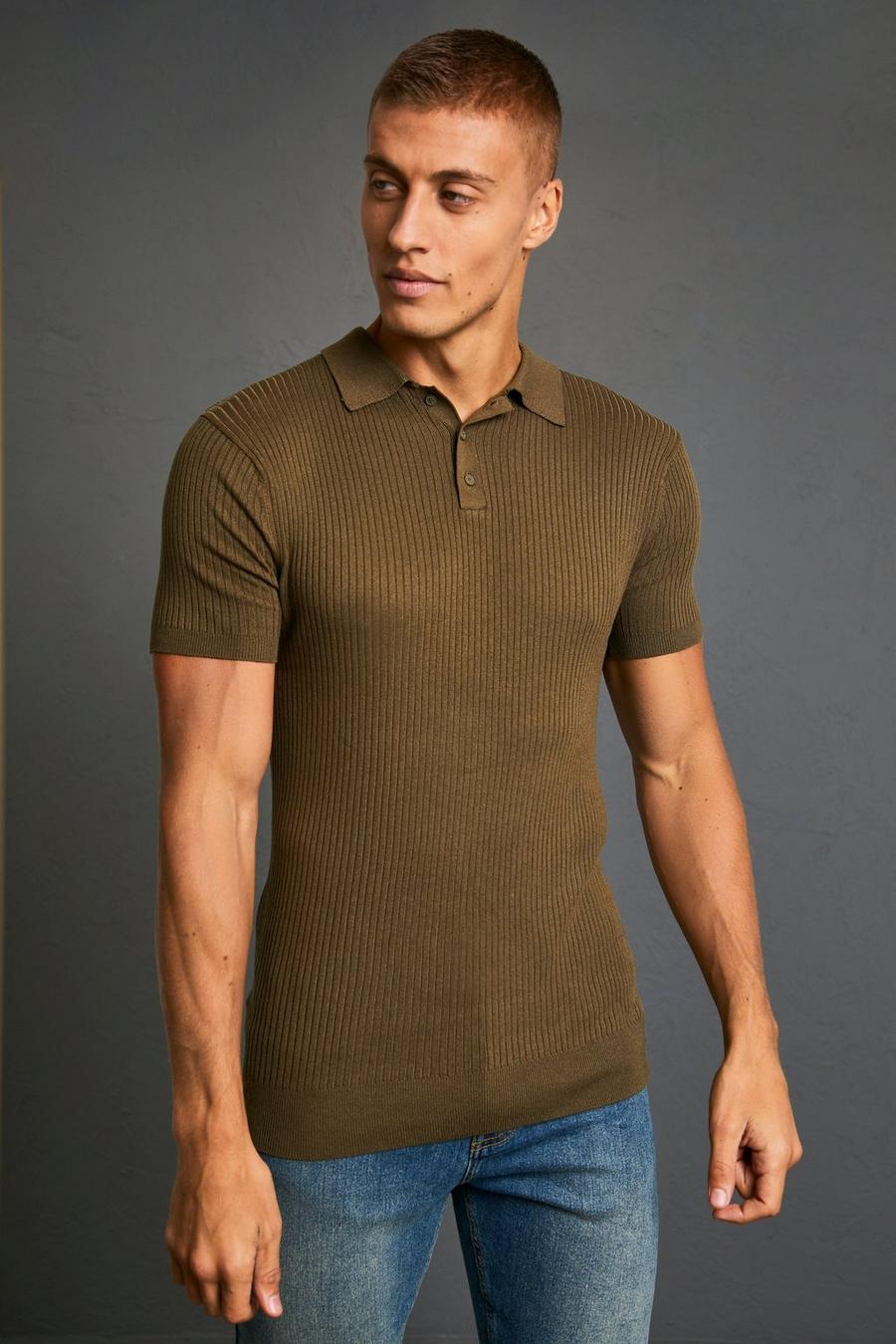 Khaki Short Sleeve Muscle Fit Ribbed Knit Polo image number 1