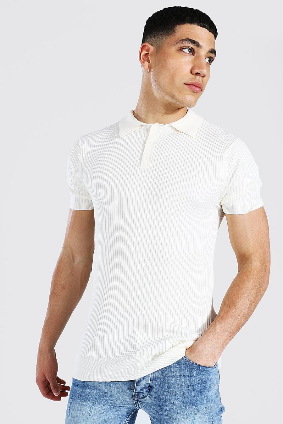 Cream Short Sleeve Muscle Fit Ribbed Knit Polo image number 1