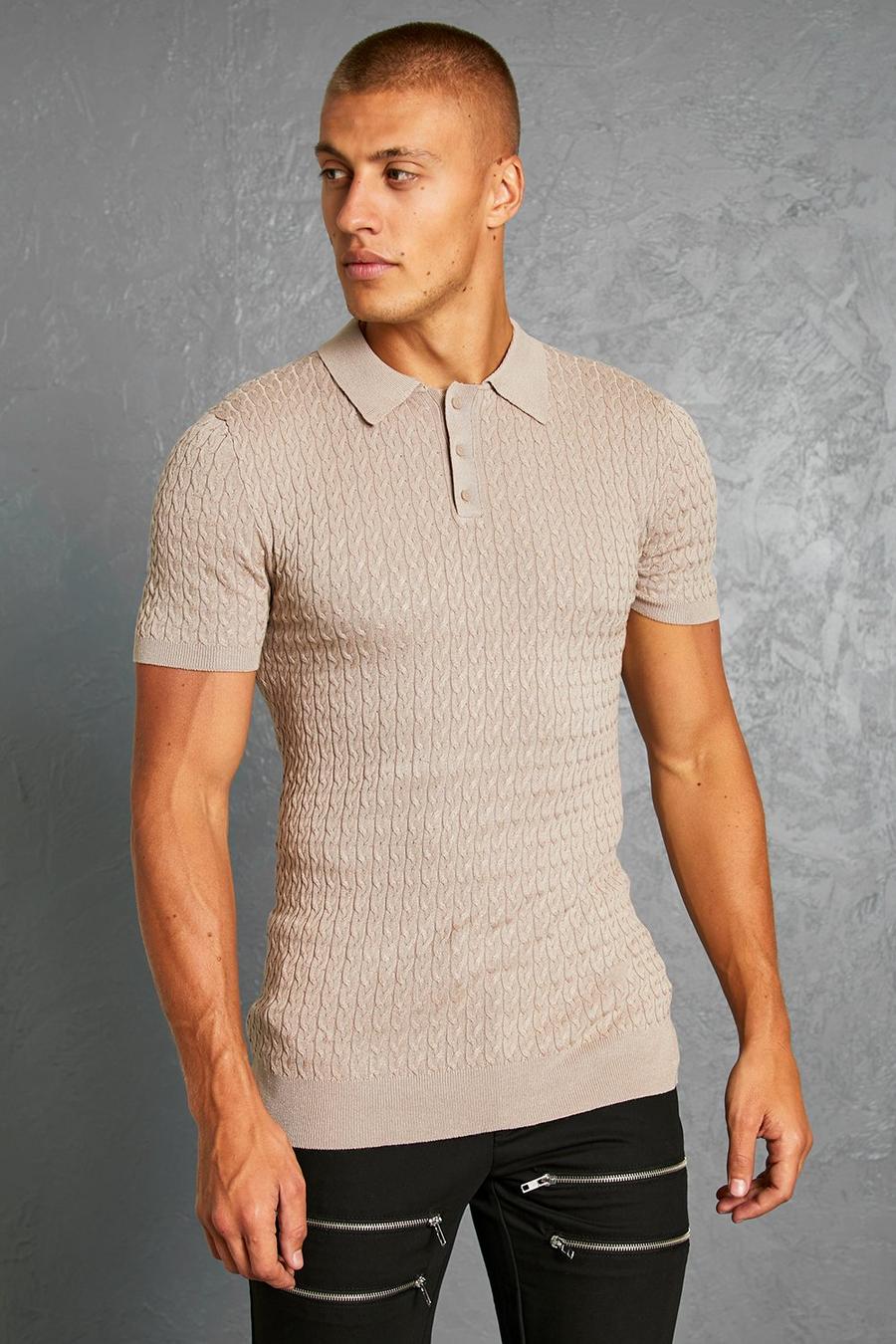 Taupe Short Sleeve Muscle Fit Cable Polo image number 1