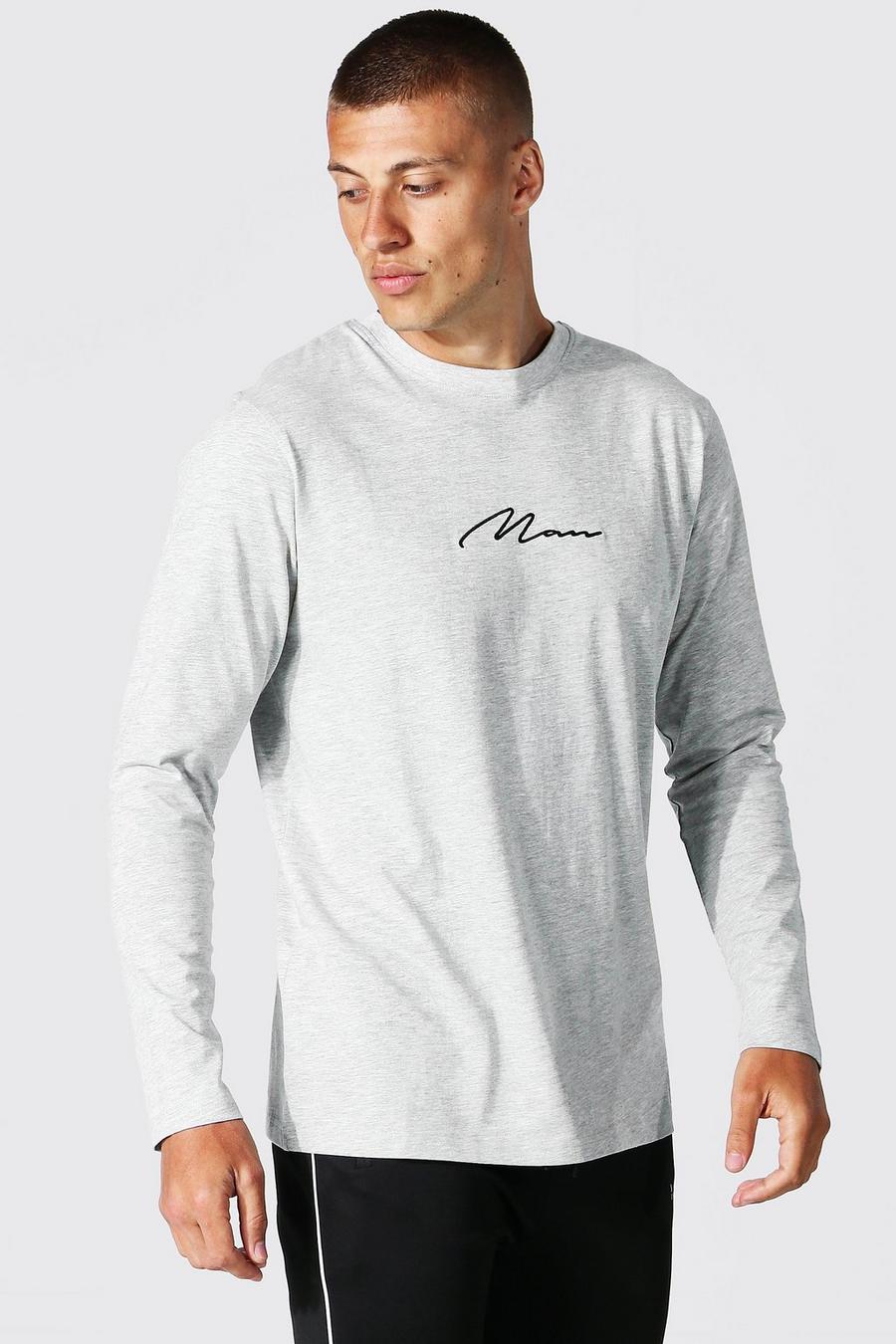 Grey marl Man Signature Embroidered Long Sleeve T-shirt image number 1