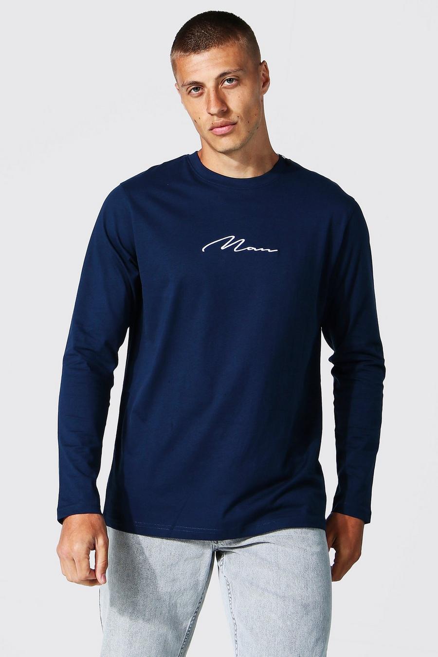 T-shirt a maniche lunghe con firma Man ricamata, Navy image number 1