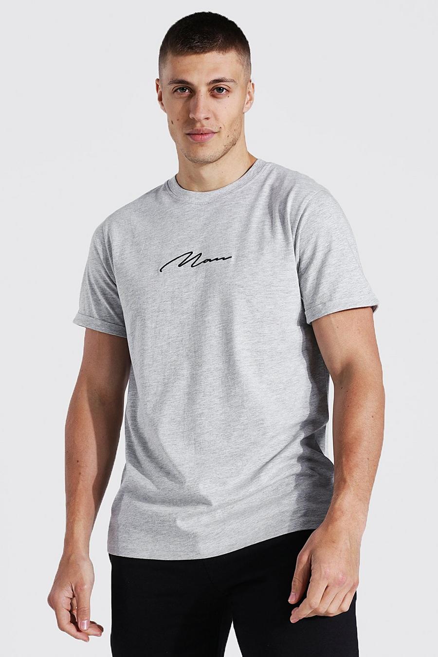 Grey marl Man Signature Geborduurd T-Shirt Met Opgerolde Mouwen image number 1