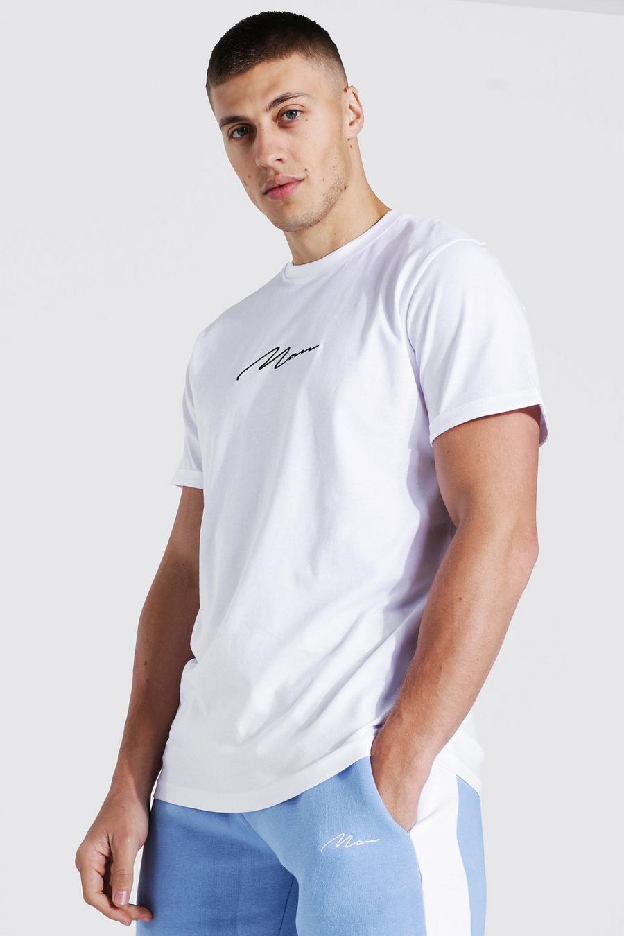 White Man Signature T-shirt med uppvikt ärm och brodyr image number 1