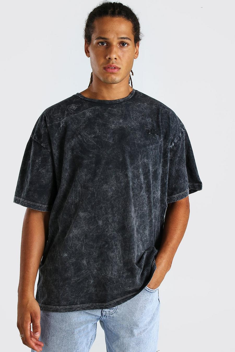 Zwart Oversized Geborduurd Acid Wash Gebleekt T-Shirt image number 1
