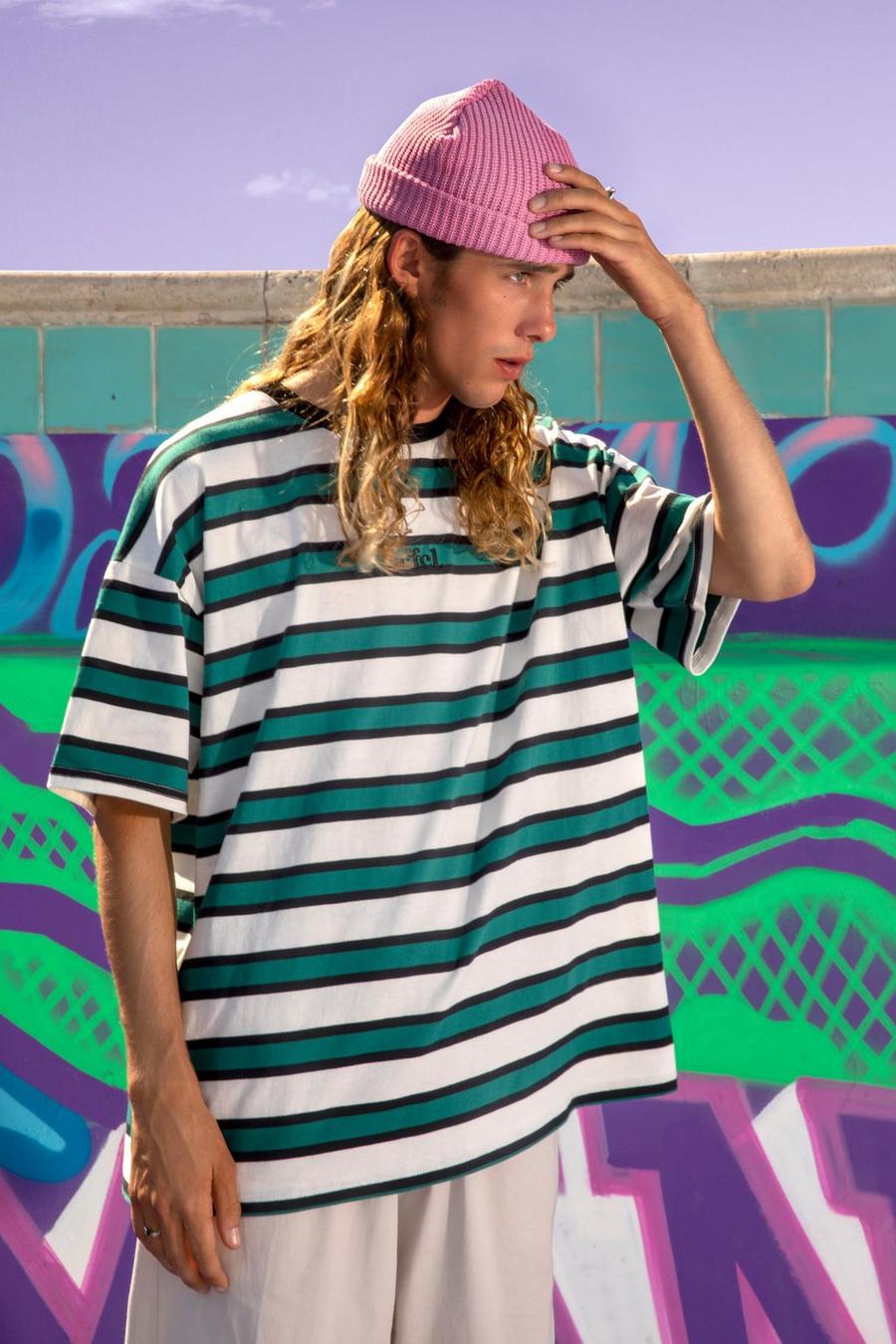Green Official Yarn Dyed Oversized Stripe T-Shirt image number 1