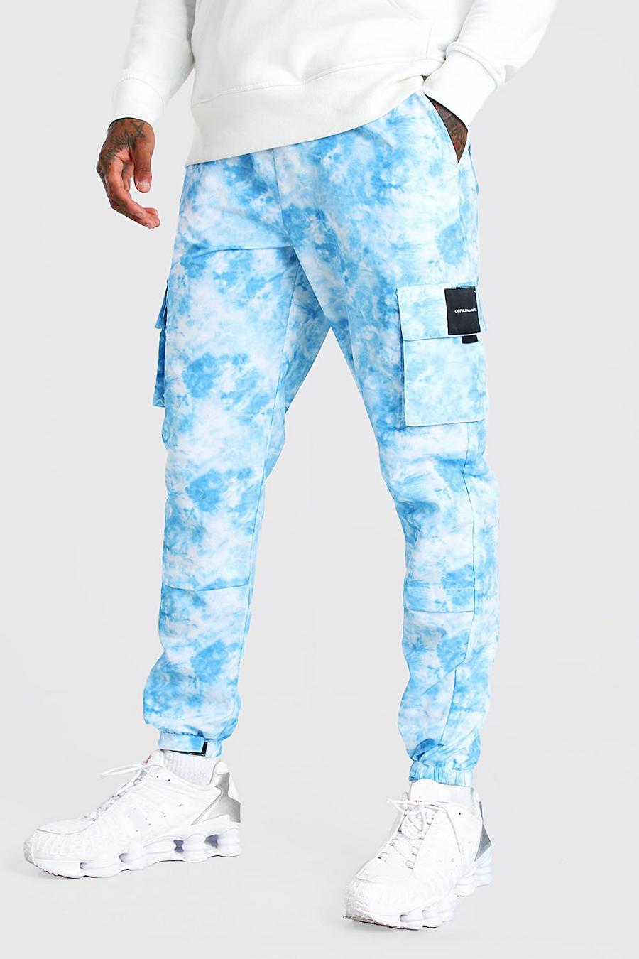 Pantalon cargo imprimé en nylon effet tie-dye, Bleu image number 1