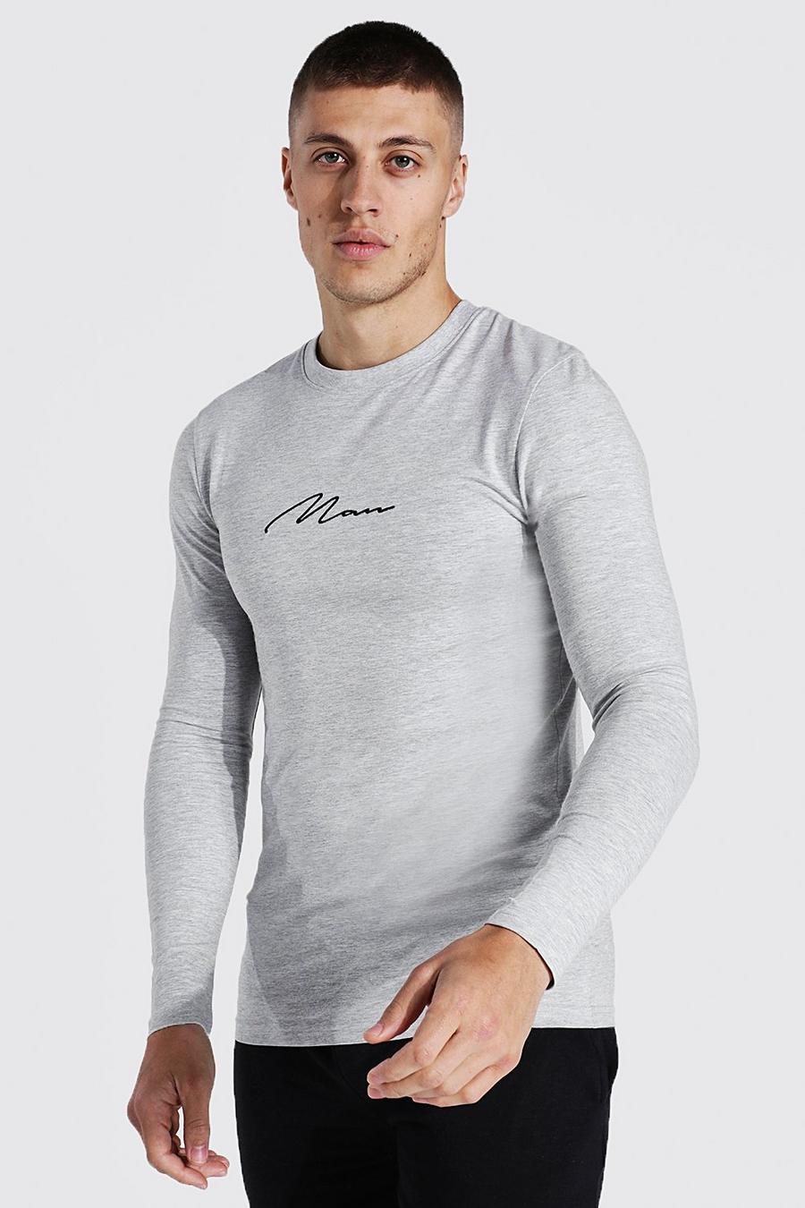 T-shirt attillata a maniche lunghe con firma Man, Grey marl image number 1