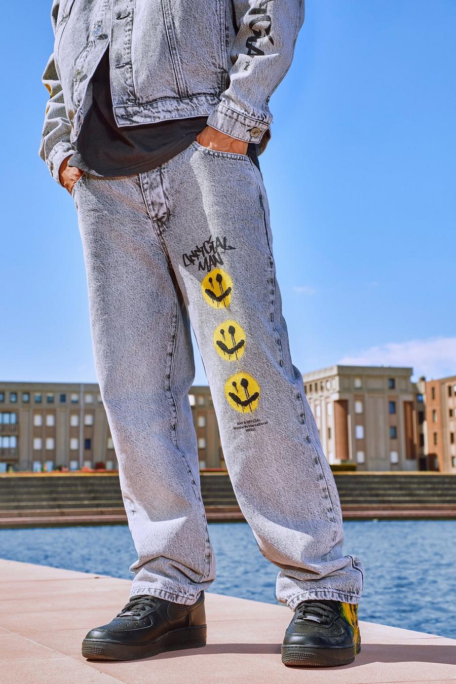 Loose Fit Jeans mit Smiley-Print, Grau image number 1