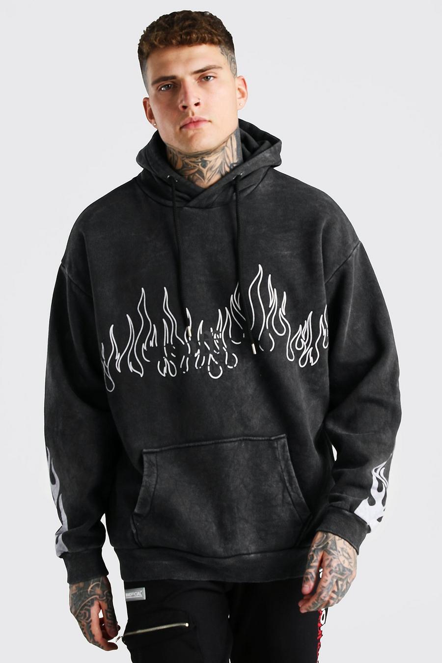 Charcoal MAN Oversize stentvättad hoodie med tryck längs ärmen image number 1