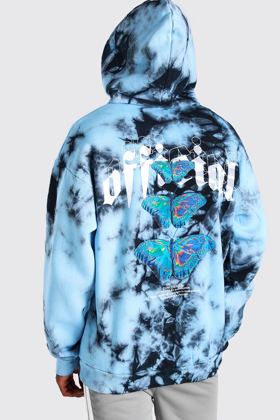 Blue Oversized Butterfly Back Print Tie Dye Hoodie image number 1