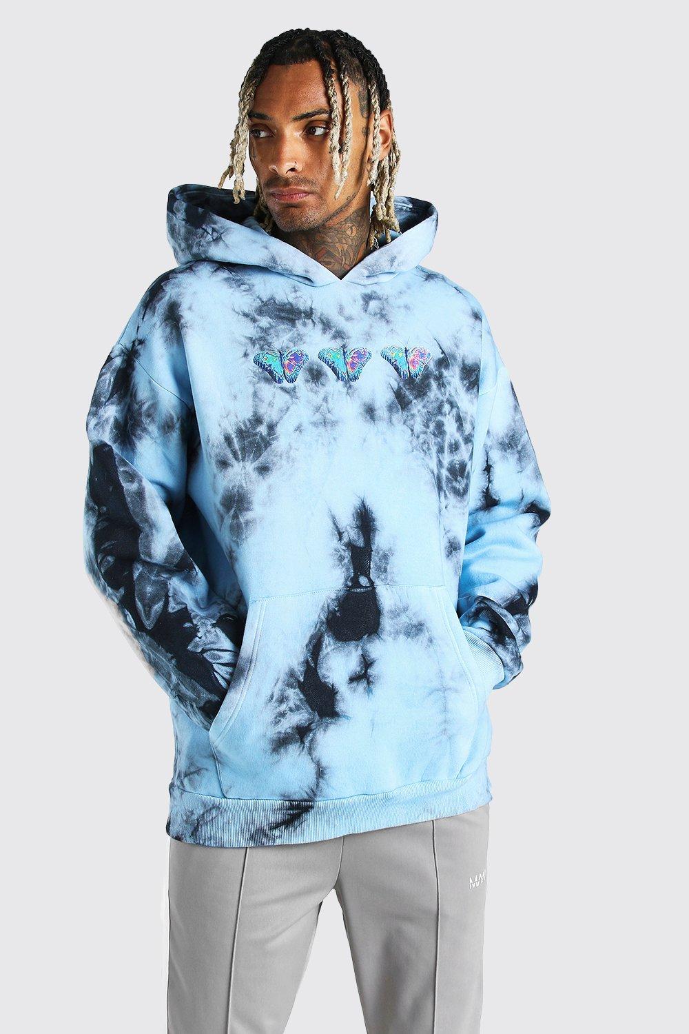 Felpa oversize in fantasia tie dye con stampa di farfalle sul retro e cappuccio