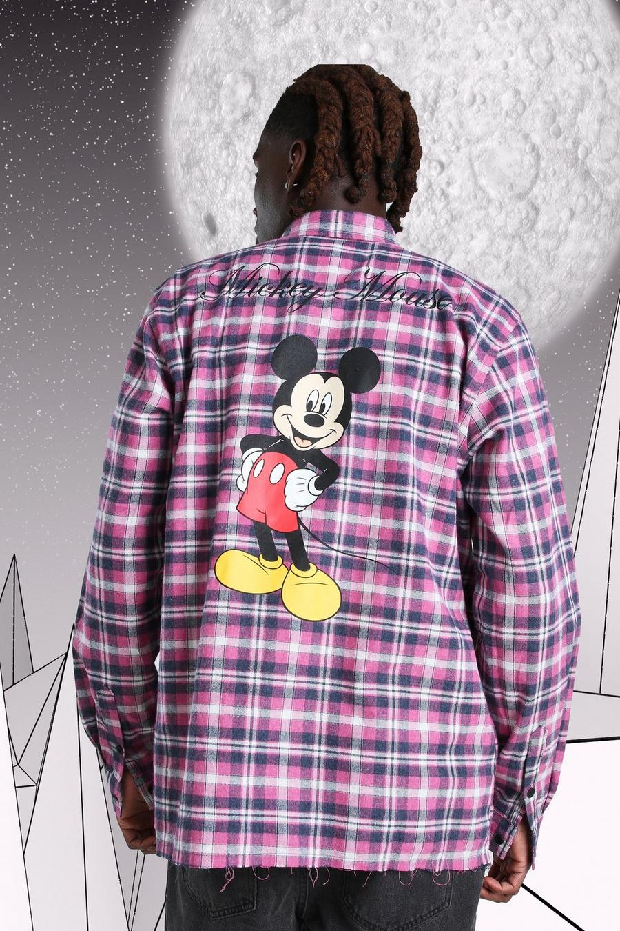 Pink Oversized Disney Mickey Print Flannel Shirt image number 1
