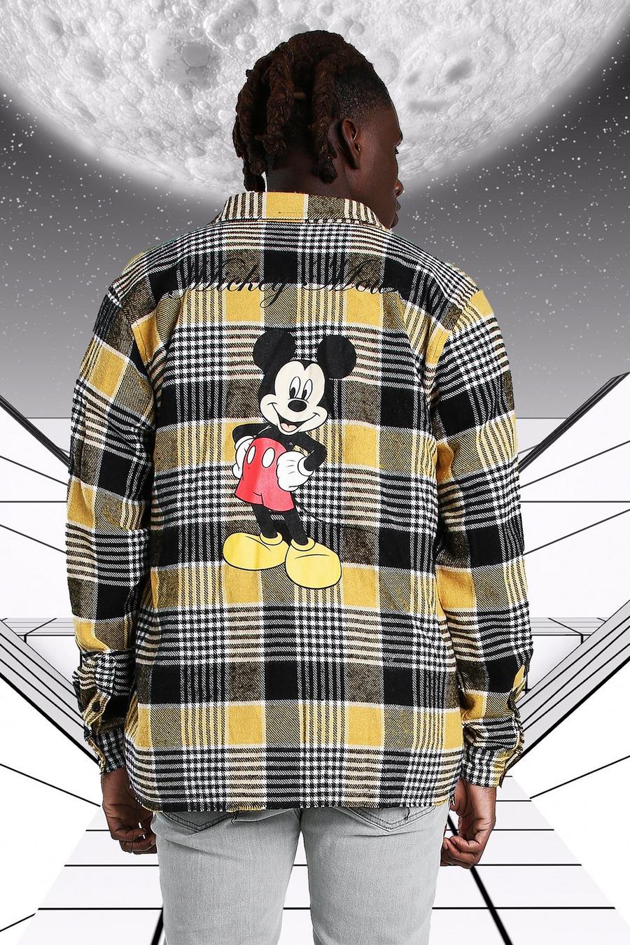 Yellow Oversized Disney Mickey Print Flannel Shirt image number 1