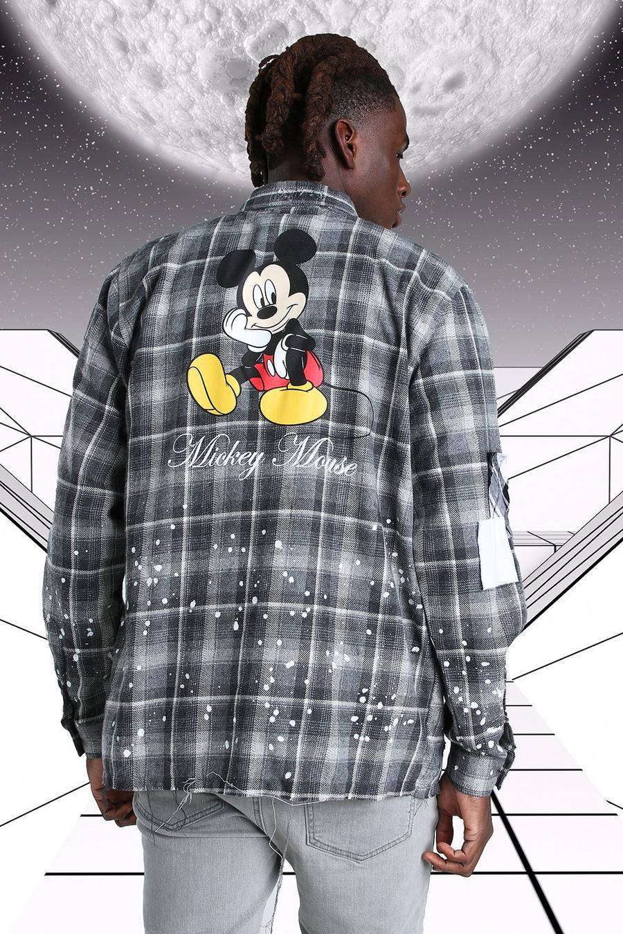 Grey Oversized Disney Mickey Paint Splatter Check Shirt image number 1