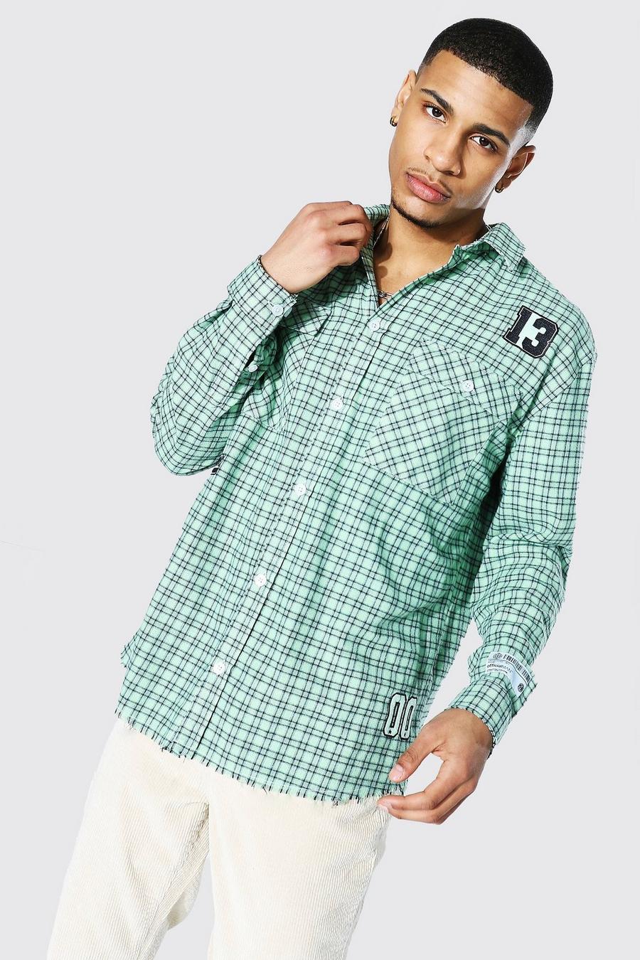 Lime Oversized Varsity Check Shirt With Badges image number 1