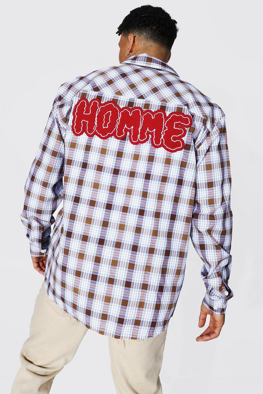 Kariertes Hemd in Übergröße mit Homme-Applikation, Braun image number 1