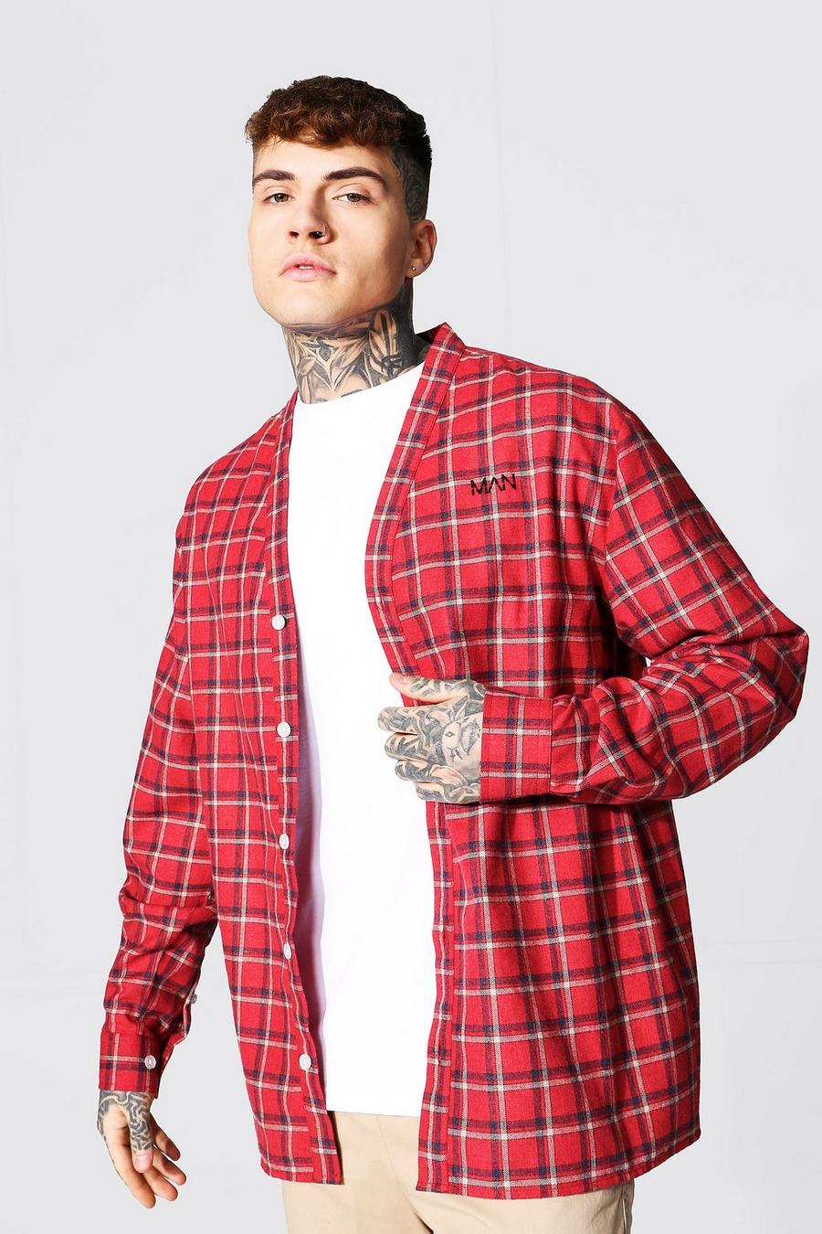 Red Oversized Man Embroidered Check Shirt image number 1