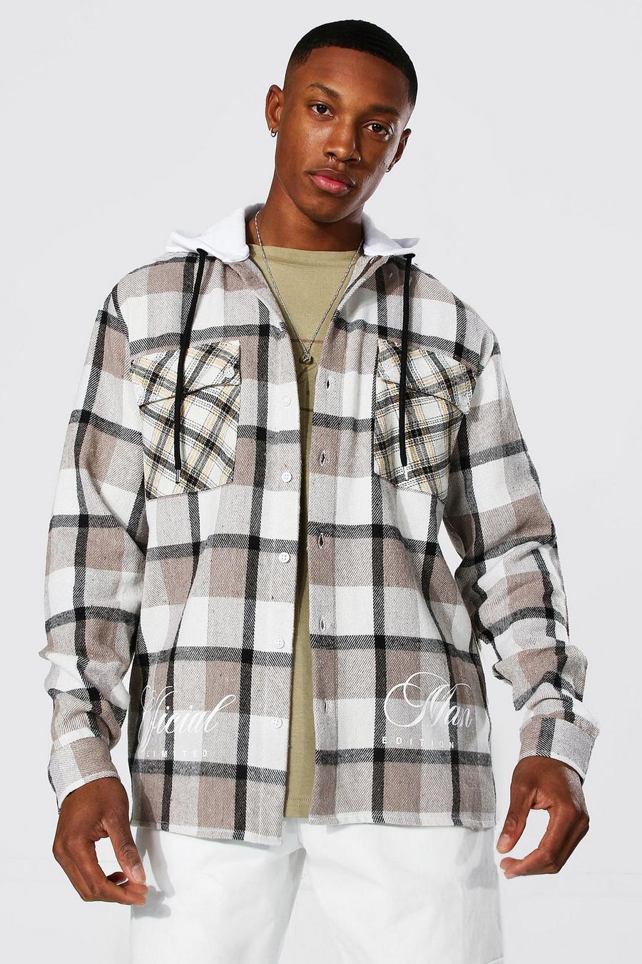 Taupe Check Hooded Overshirt image number 1