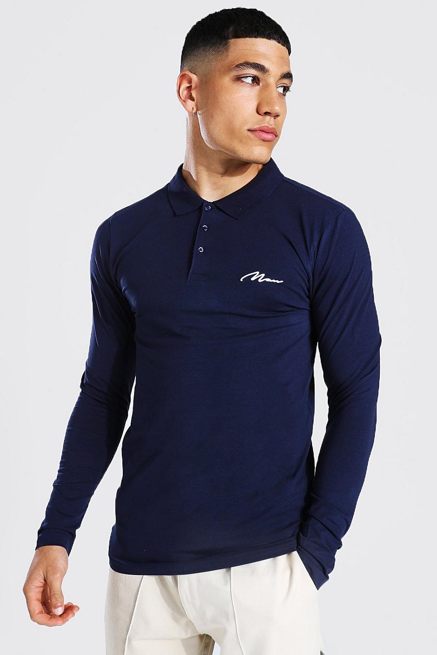 Man Signature Muscle Fit Langarm Poloshirt, Navy image number 1