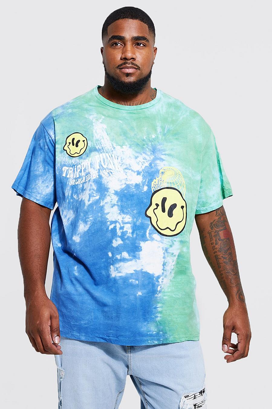 Plus Size Loose Fit T-Shirt in Batik-Optik mit Drip Face-Print, Blau image number 1