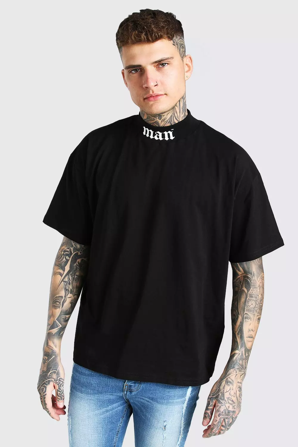 Black Oversized Man Neck Print T-Shirt With Extended Neck alternative image