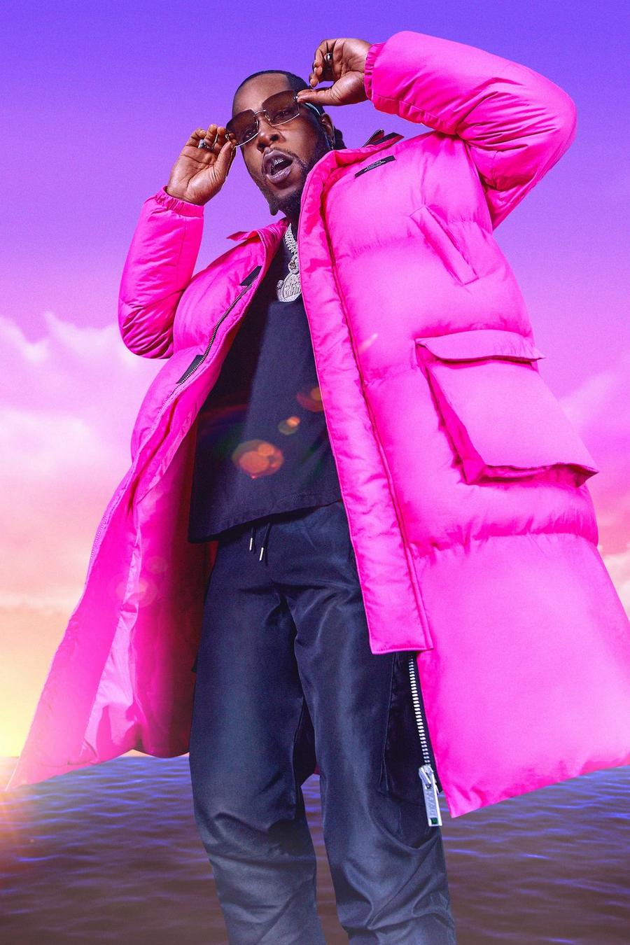 Bright pink Burna Boy Långärmad pufferjacka med huva och 4 fickor image number 1