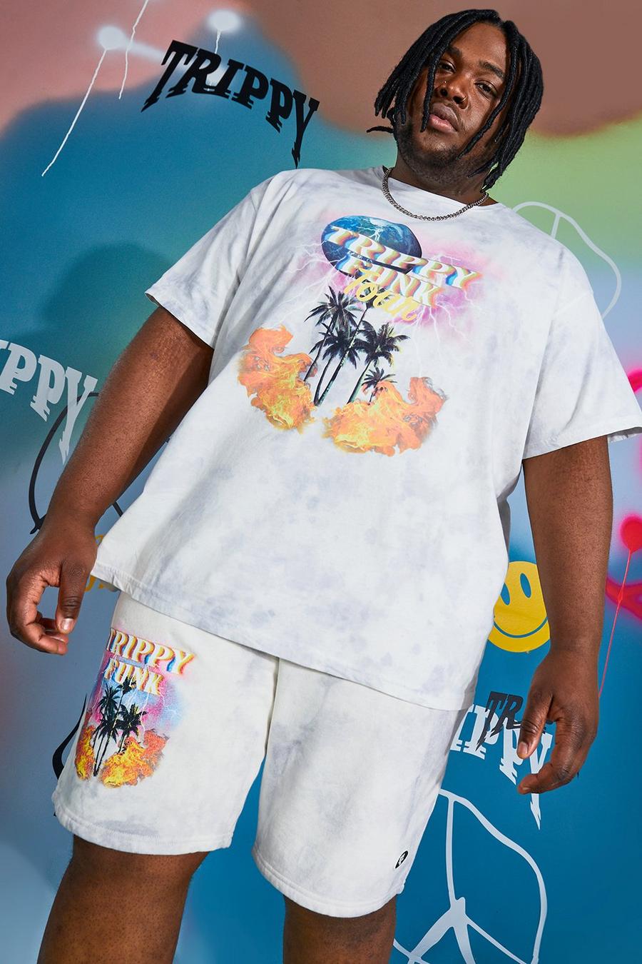 T-shirt Plus Size effetto lavato con grafica Trippy con palma, Grigio image number 1
