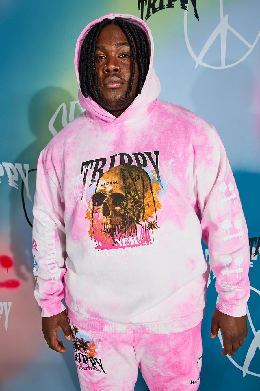 Pink Plus size - Batikmönstrad hoodie med dödskalle och ledig passform image number 1