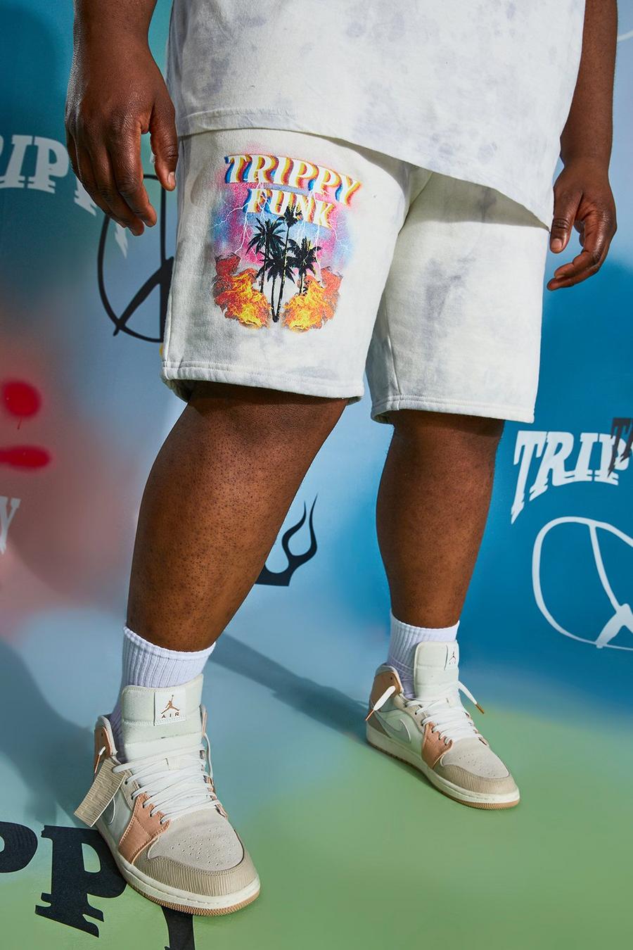 Pantaloncini Plus Size in jersey effetto lavato con palme effetto Trippy, Grigio image number 1
