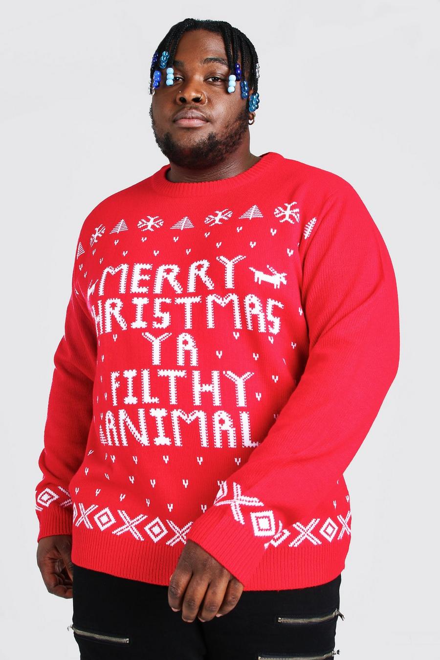 אדום סוודר לחג המולד עם כיתוב Ya Filthy Animal לגברים גדולים וגבוהים image number 1