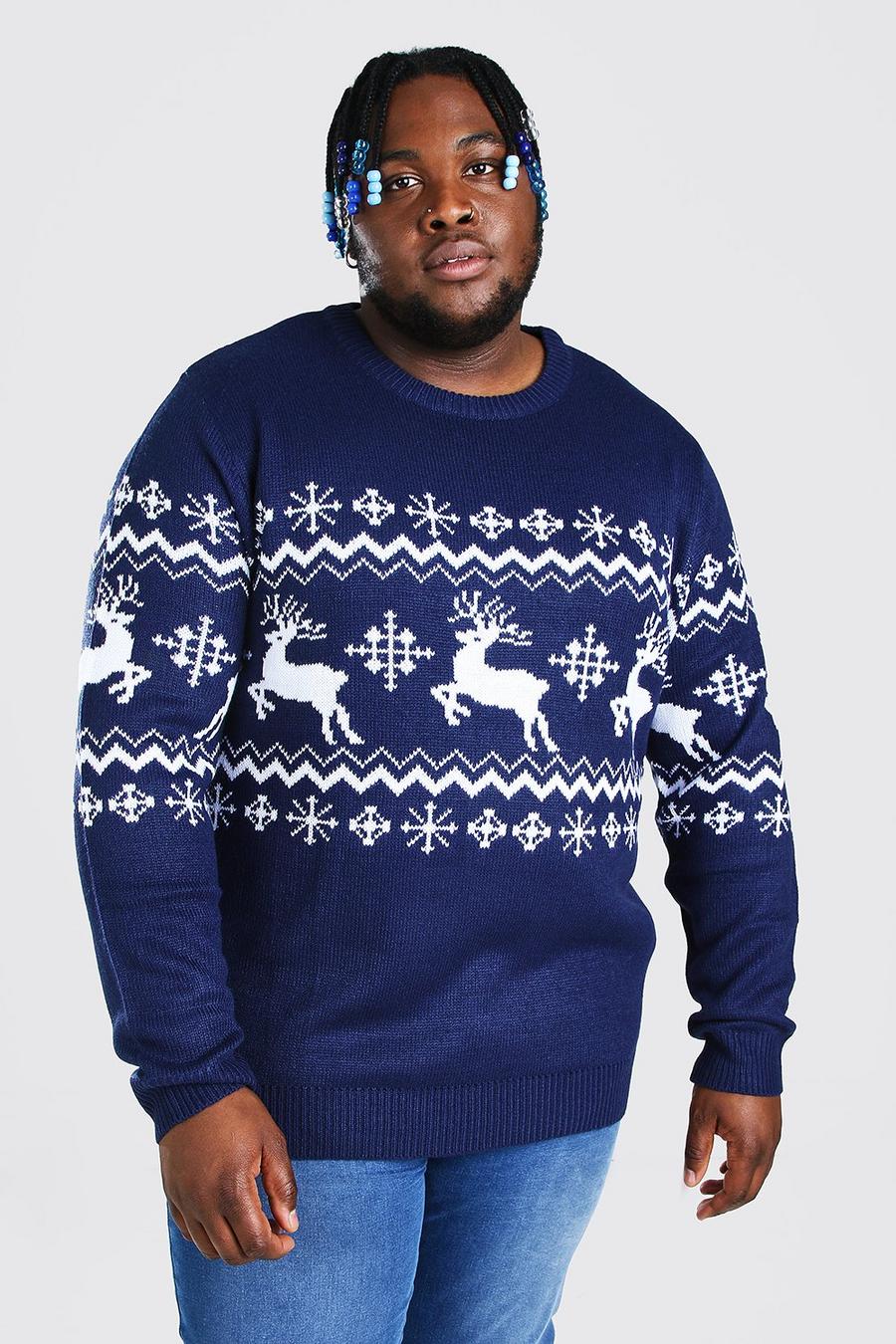 Pullover di Natale Big And Tall con pannello con renna, Blu oltremare image number 1