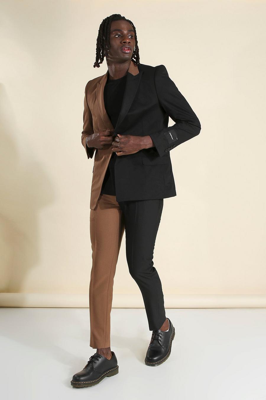 Pantalones de traje skinny lisos de diseño desigual MAN, Marrón image number 1