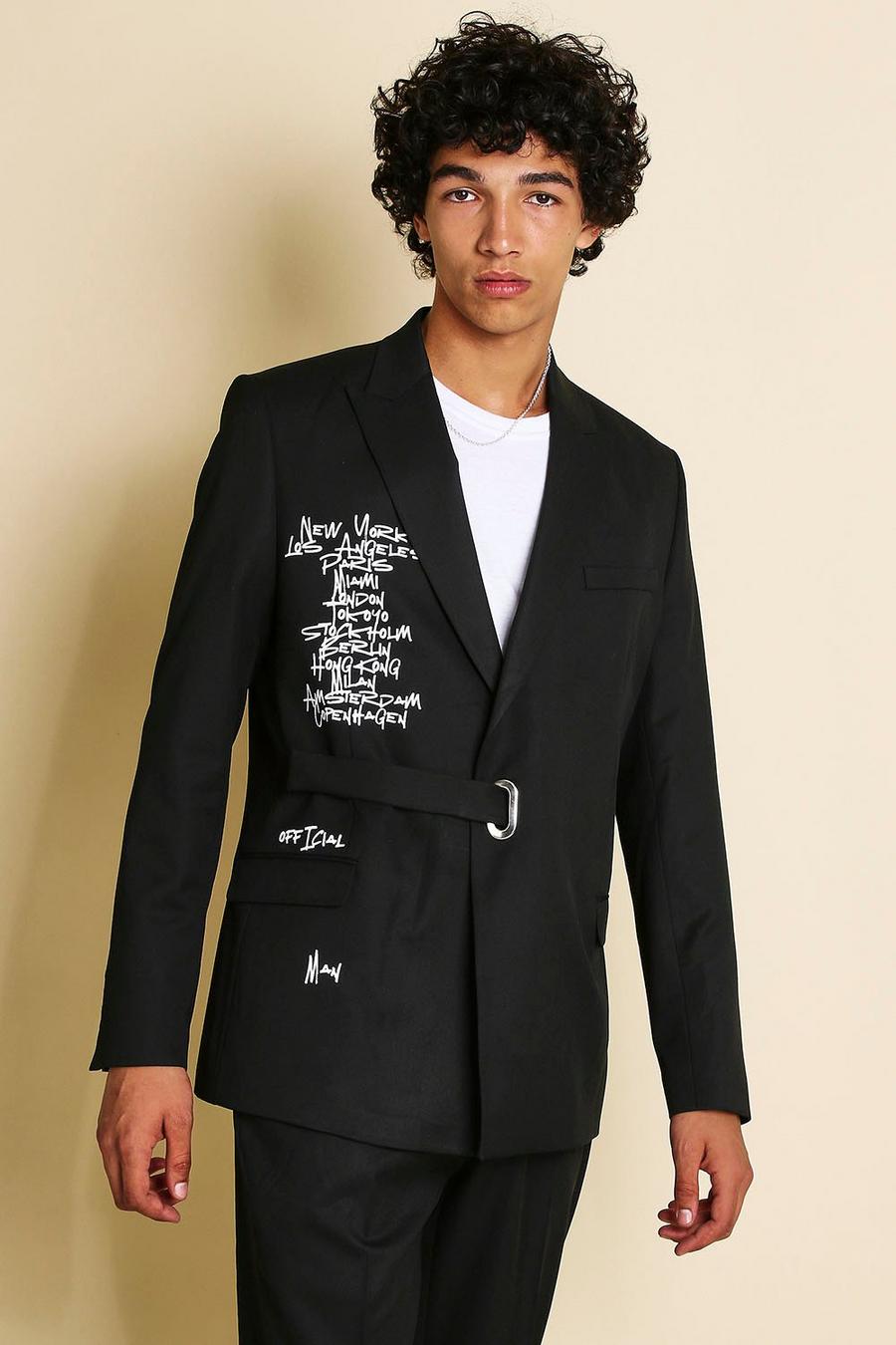 Black Slim Graffiti Printed Double Breasted Suit Jacket image number 1