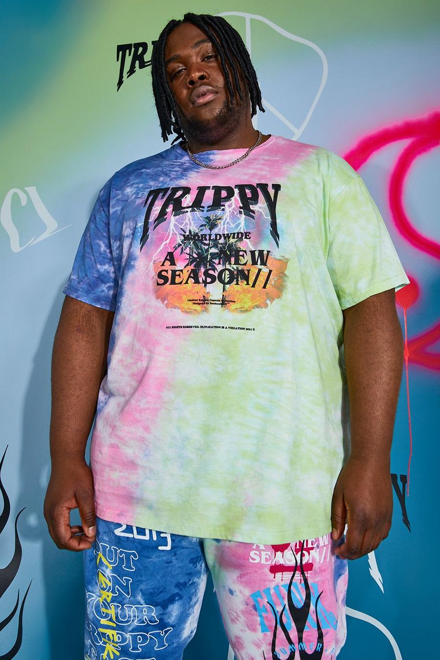 Plus Size Loose Fit T-Shirt mit Trippy Batik-Print, Mehrfarbig image number 1