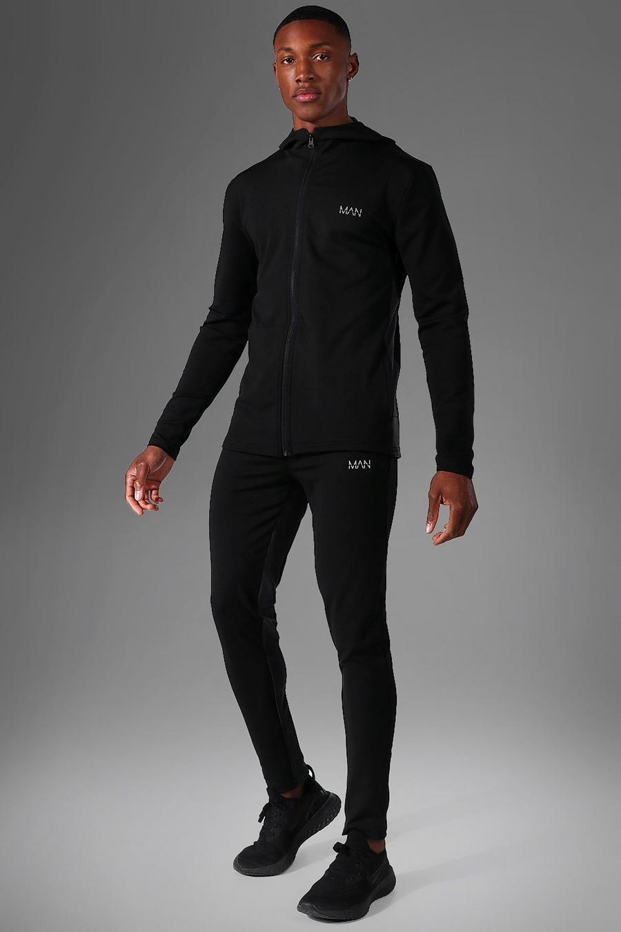 Man Active Skinny Fit Trainingsanzug mit Streifen, Black image number 1