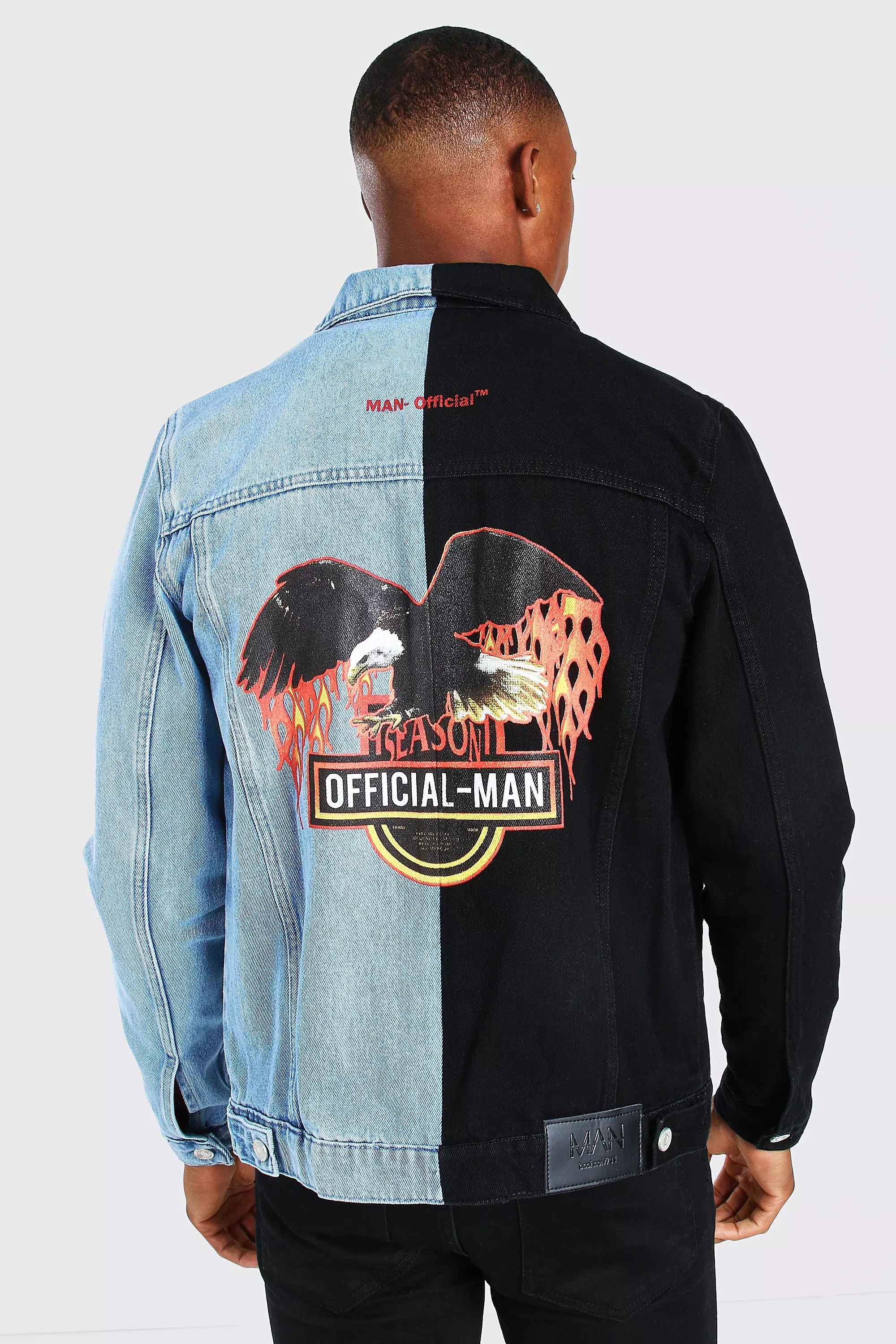 Black denim jacket with back print hotsell