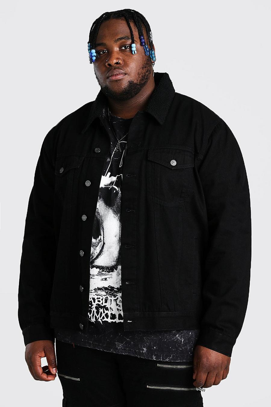 Zwart Plus Size Spijkerjas Met Nepwollen Kraag image number 1