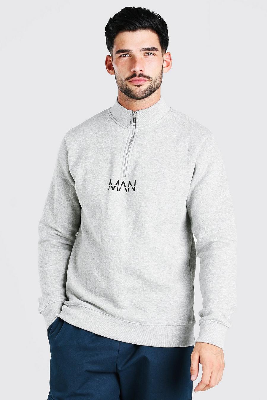 Original MAN Sweatshirt mit kurzem Reißverschluss und Trichterhals, Grau meliert image number 1